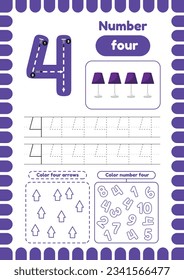 Páginas de actividad de Kida. Aprende números. Hojas de cálculo preescolares. Número cuatro. Lámpara