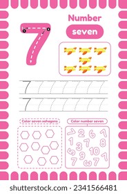 Páginas de actividad de Kida. Aprende números. Hojas de cálculo preescolares. Número siete. Avión