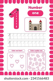 Kida activity pages. Learn numbers. Preschool worksheets. Number one. castle
