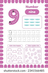 Kida activity pages. Learn numbers. Preschool worksheets. Number nine. Plate