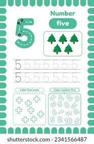 Kida activity pages. Learn numbers. Preschool worksheets. Number five. Tree