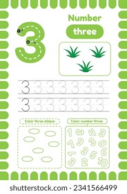Páginas de actividad de Kida. Aprende números. Hojas de cálculo preescolares. Número tres. pasto