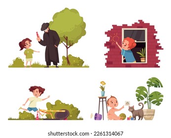 Kida danger cartoon icons set with children in dagerous situations at home and outdoors isolated vector illustration