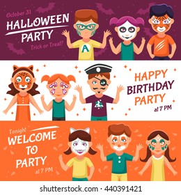 Kida Party With Greasepaint Flat Horizontal Banners Set Vector Illustration