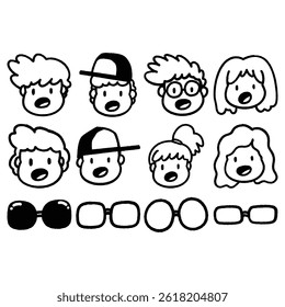 Kiddie Cartoon Face with Friendly Emotion in Organic Doodle Style