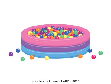 Kiddie inflatable pool full of plastic balls isolated on white background.