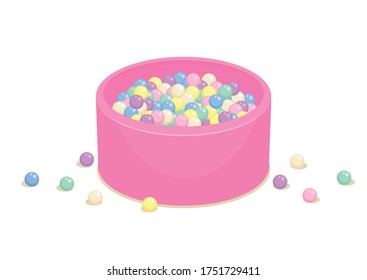 Kiddie soft pool full of colorful plastic balls isolated on white background.