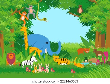 Dibujo de dibujos animados de niños en la jungla, ilustración vectorial