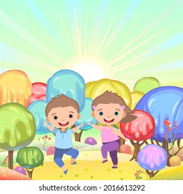 Kiddies on Candy Background. Cartoon sweet land. Sunrise. Boy and girl. Ice cream and caramel. Chocolate. Cute childrens fairytale holiday landscape. Fantastic illustration. Vector