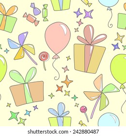 Kiddies pattern of gifts, balloons and candy. Bright warm colors of objects on a neutral beige background.