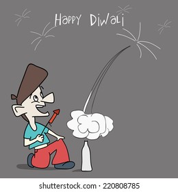 Kiddish background with a boy exploxing crackers on grey background for Happy Diwali celebrations.