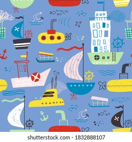 Kiddish cute seamless with baby bright cartoon boat, yacht, hovercraft, water-bus, steamship, cruise, submarinepattern baby design for fabric, print, wrapper, textile