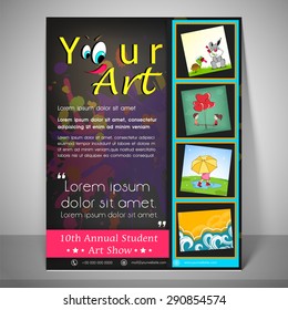 Kiddish Flyer And Banner For 10th Annual Student Art Show With Childish Icons , Address Bar And Mailer.