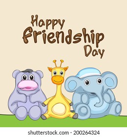 Kiddish greeting card design for Happy Friendship Day concept with cute bear, giraffe and elephant friends. 