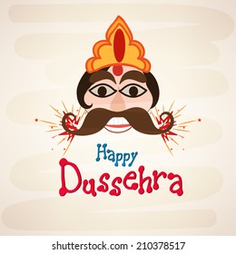 Kiddish illustration of Ravana's face with big eyes and mustaches on grungy brown background with funky text Happy Dussehra. 