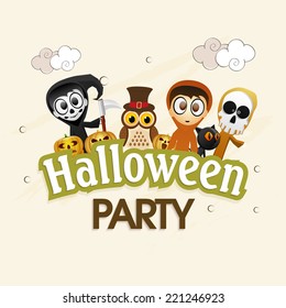 Kiddish poster for Halloween party with scary ghosts, pumpkin faces, owl, cat and stylish text.