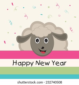 Kiddish poster for Happy New Year with cartoon of a smiling sheep on stylish background.