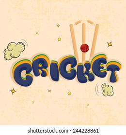 Kiddish text Cricket with red ball hitting wicket stumps on clouds decorated grungy background.
