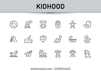 Kidhood icon pack. Featuring art, kindergarten, play, childhood, kids. Simple and minimalist web icons. Editable vector illustration.