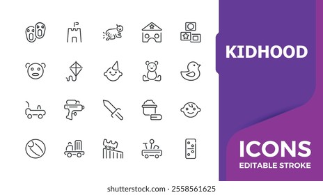 Kidhood icon pack. Featuring art, kindergarten, play, childhood, kids. Simple and minimalist web icons. Editable vector illustration.