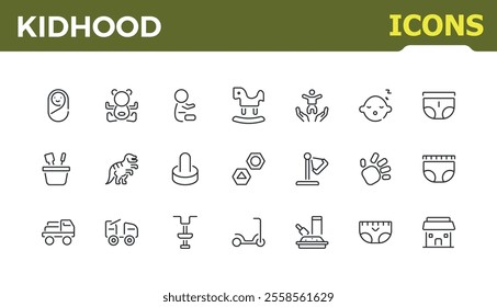 Kidhood icon pack. Featuring art, kindergarten, play, childhood, kids. Simple and minimalist web icons. Editable vector illustration.