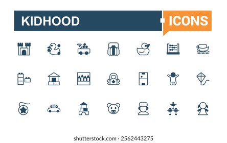 Kidhood icon set. Icons boy, baby, people, web, education, learning, kids and more. Set of line pictogram. Editable vector outline and solid icons.