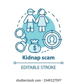 Kidnap scam concept icon. Children abduction. Demanding ransom. Money fraud. Criminal business. Searching for kidnapper idea thin line illustration. Vector isolated outline drawing. Editable stroke