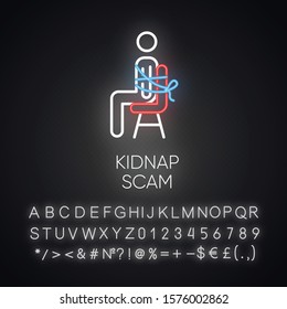 Kidnap Scam Neon Light Icon. Virtual Kidnapping. Ransom Money Request. Blackmailing. Family Emergency Scam. Glowing Sign With Alphabet, Numbers And Symbols. Vector Isolated Illustration