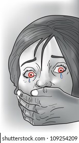 Kidnap victim, female, crying, strangers hand covering mouth, vector illustration