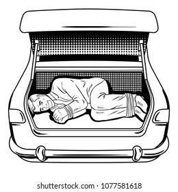 Kidnapped man in the car trunk coloring retro vector illustration. Isolated image on white background. Comic book style imitation.