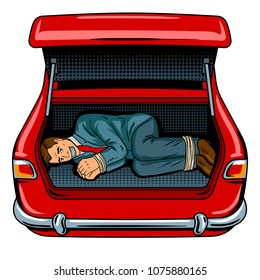 Kidnapped man in the car trunk pop art retro vector illustration. Isolated image on white background. Comic book style imitation.