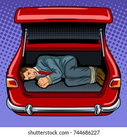 Kidnapped man in the car trunk pop art retro vector illustration. Comic book style imitation.