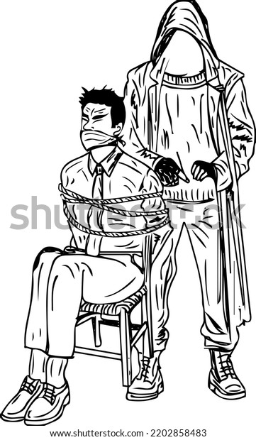 Kidnapped man with kidnapper
vector illustration, tied up hostage businessman sitting at the
chair sketch drawing, Cartoon doodle of hostage gagged and tied to
a chair