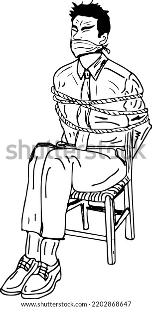 Kidnapped man vector illustration, tied up\
hostage businessman sitting at the chair sketch drawing, Cartoon\
doodle of hostage gagged and tied to a\
chair