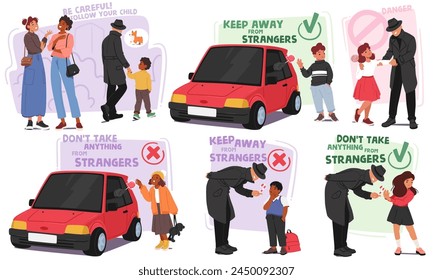 Kidnapping Awareness Concept for Children Characters Recognizing Signs Of Potential Danger, Teaching Safety Precautions To Prevent Abduction, And Knowing How To Respond In Threatening Situations, Set