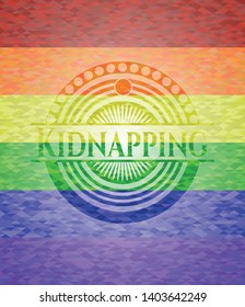 Kidnapping on mosaic background with the colors of the LGBT flag