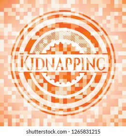 Kidnapping orange tile background illustration. Square geometric mosaic seamless pattern with emblem inside.