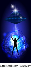 The kidnapping of a person by UFO. Vector illustration for your design