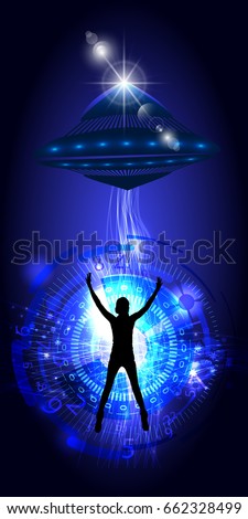 The kidnapping of a person by UFO. Vector illustration for your design