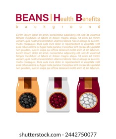 Kidney beans in paper or plastic packaging, information poster with space for text about health benefits of black, red, white beans, vector flat cartoon illustration