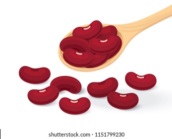 Kidney beans, Red beans in a wooden spoon Flat design, isolated white background.