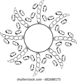 Kidney beans, soybean, doodle style sketch illustration, ink hand drawn, isolated. Round frame, decorative border, template design. 