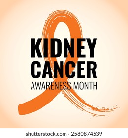 Kidney Cancer Awareness Month banner. Orange ribbon brush stroke typographic poster.