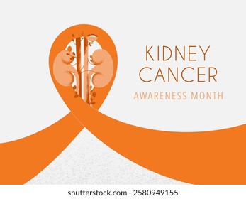 Kidney Cancer Awareness month March. Orange Ribbon with Human kidneys in bloom like a symbol Medical, health care and prevention concept urinary diseases. Vector illustration