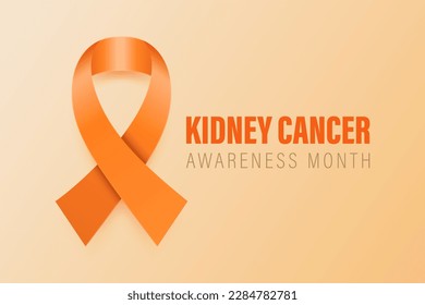 Kidney Cancer Banner, Card, Placard with Vector 3d Realistic Orange Ribbon on Orange Background. Kidney Cancer Awareness Month Symbol Closeup. World Kidney Cancer Day Concept