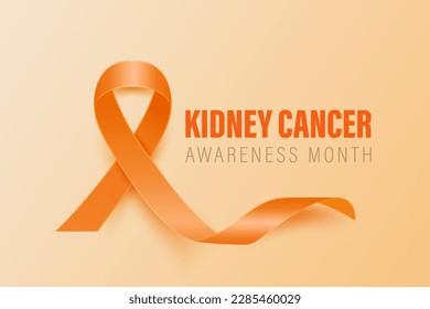 Kidney Cancer Banner, Card, Placard with Vector 3d Realistic Orange Ribbon on Orange Background. Kidney Cancer Awareness Month Symbol Closeup. World Kidney Cancer Day Concept