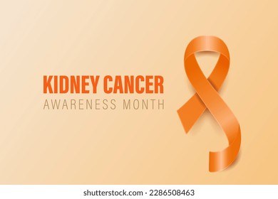 Kidney Cancer Banner, Card, Placard with Vector 3d Realistic Orange Ribbon on Orange Background. Kidney Cancer Awareness Month Symbol Closeup. World Kidney Cancer Day Concept