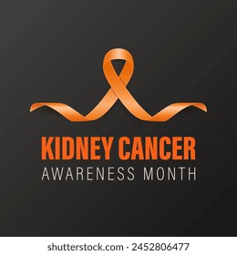 Anuncio de cáncer de riñón, tarjeta, cartel con Vector 3d cinta naranja realista sobre fondo negro. Primer plano del símbolo del Mes de Concienciación sobre el Cáncer Renal. Concepto del Día Mundial del Cáncer de Riñón