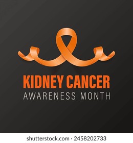 Anuncio de cáncer de riñón, tarjeta, cartel con Vector 3d cinta naranja realista sobre fondo negro. Primer plano del símbolo del Mes de Concienciación sobre el Cáncer Renal. Concepto del Día Mundial del Cáncer de Riñón