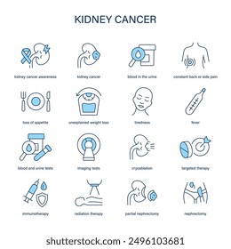 Kidney Cancer symptoms, diagnostic and treatment vector icons. Medical icons.	